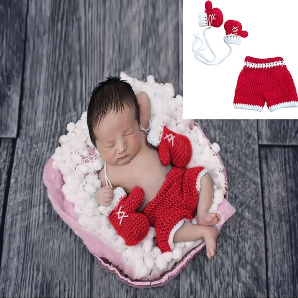 Red Crochet Baby Shorts and Mittens Boxer Set. Photo Prop NB-3M